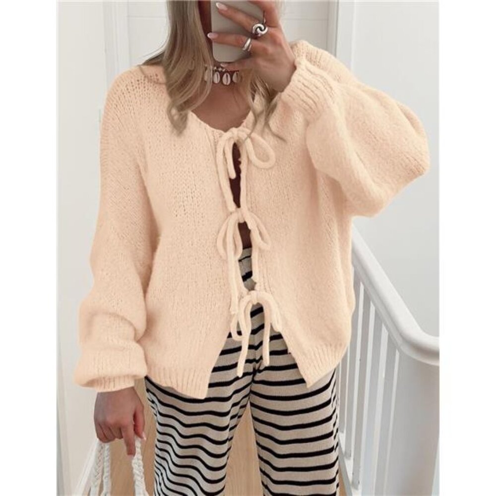 NEW Women's Tie Front Bow Cardigan Sweaters Chunky Knit Long Puff Sleeve Trendy - Picture 5 of 6